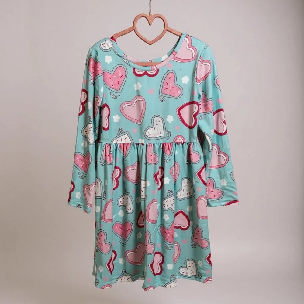 Heart Pink and Teal Long Sleeve Dress NWT